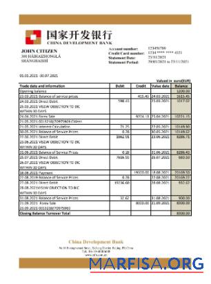 Printable China Development bank statement excel download for verification
